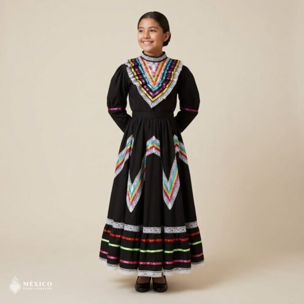 Black Traditional Jalisco One-Piece Dress for Girls & Teens (Size 12)