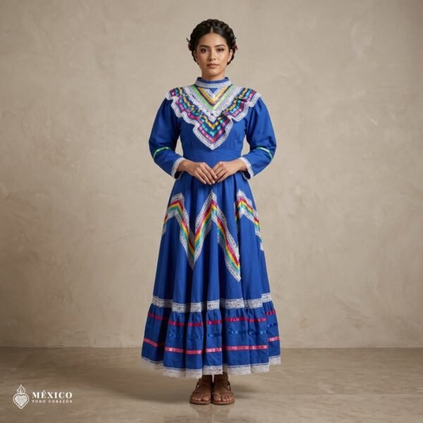 Blue Traditional Jalisco One-Piece Dress for Girls & Teens (Size 12)