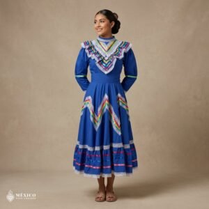 Blue Traditional Jalisco One-Piece Dress for Girls & Teens (Size 12)