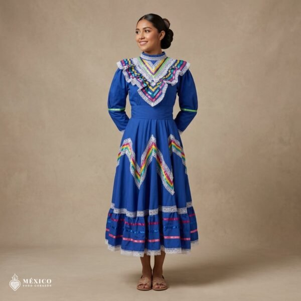 Blue Traditional Jalisco One-Piece Dress for Girls & Teens (Size 12)