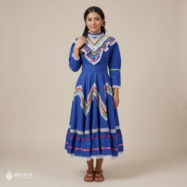 Blue Traditional Jalisco One-Piece Dress for Girls & Teens (Size 12)