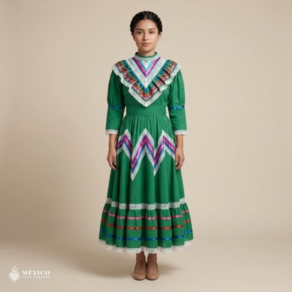 Green Traditional Jalisco One-Piece Dress for Girls & Teens (Size 12)