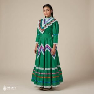 Green Traditional Jalisco One-Piece Dress for Girls & Teens (Size 12)