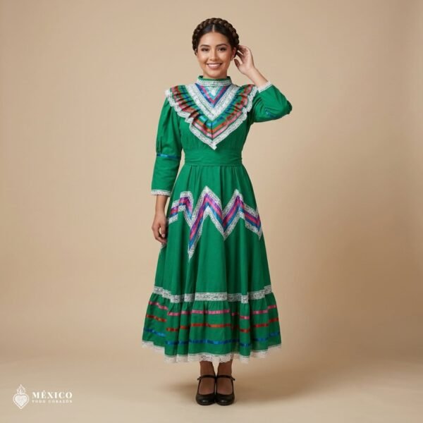 Green Traditional Jalisco One-Piece Dress for Girls & Teens (Size 12)
