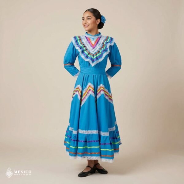 Light Blue Traditional Jalisco One-Piece Dress for Girls & Teens (Size 12)