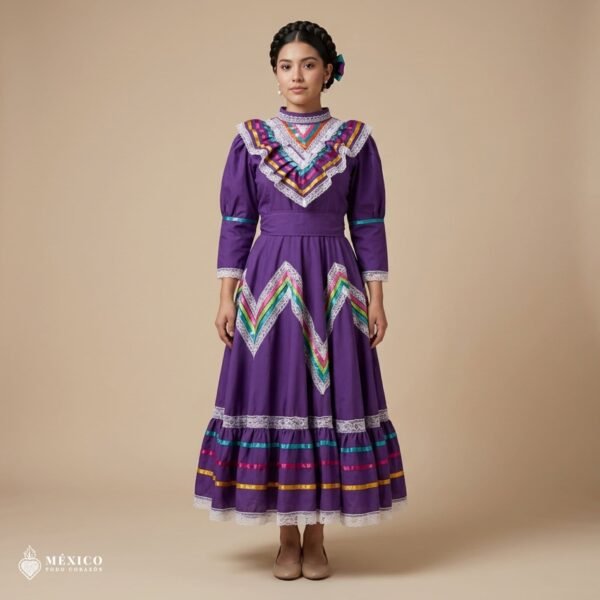 Purple Traditional Jalisco One-Piece Dress for Girls & Teens (Size 12)