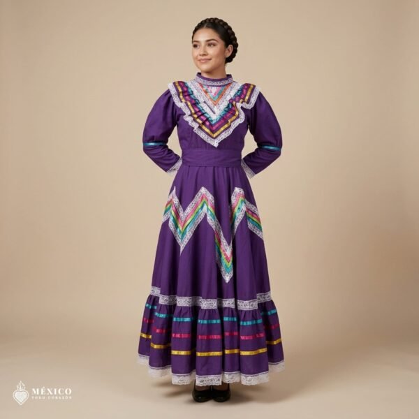 Purple Traditional Jalisco One-Piece Dress for Girls & Teens (Size 12)