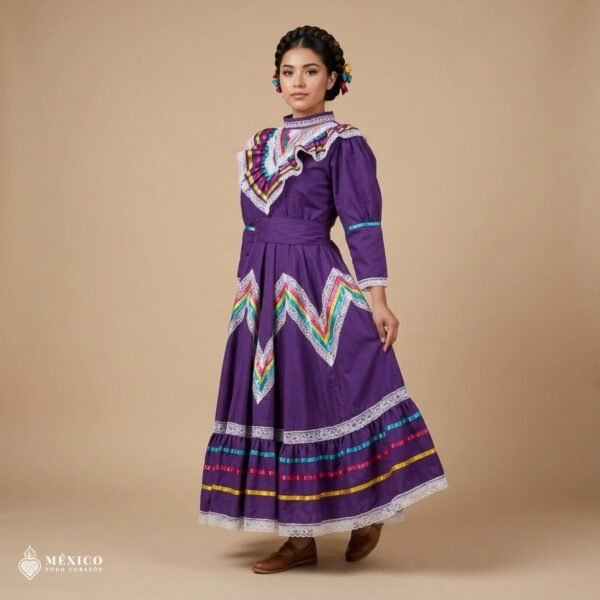 Purple Traditional Jalisco One-Piece Dress for Girls & Teens (Size 12)