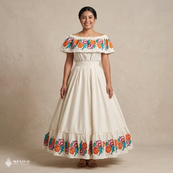 Traditional Mexican Embroidered Off White Floral Dress – Special Edition.