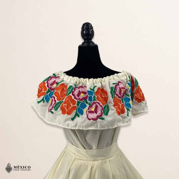 Traditional Mexican Embroidered Off White Floral Dress – Special Edition.