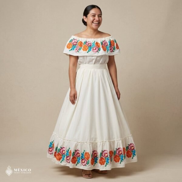 Traditional Mexican Embroidered Off White Floral Dress – Special Edition.