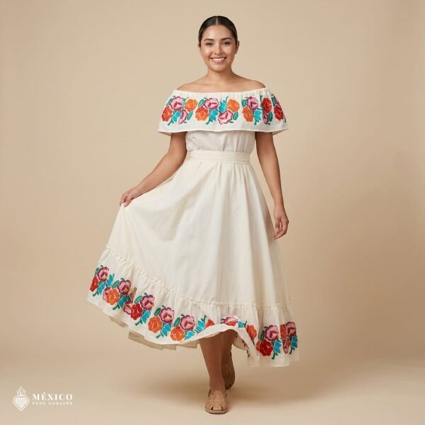 Traditional Mexican Embroidered Off White Floral Dress – Special Edition.