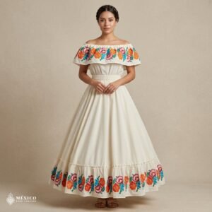 Traditional Mexican Embroidered Off White Floral Dress – Special Edition.