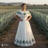 Off White Traditional Mexican Embroidered Agave Dress – Handmade Special Edition.