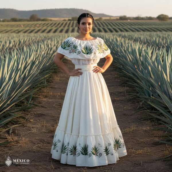 Off White Traditional Mexican Embroidered Agave Dress – Handmade Special Edition.