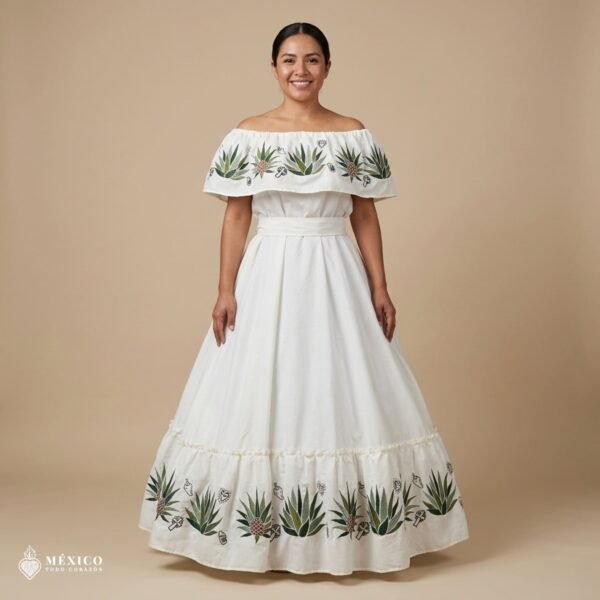 Off White Traditional Mexican Embroidered Agave Dress – Handmade Special Edition.
