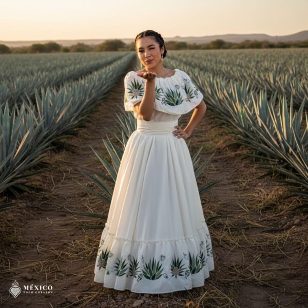 Off White Traditional Mexican Embroidered Agave Dress – Handmade Special Edition.