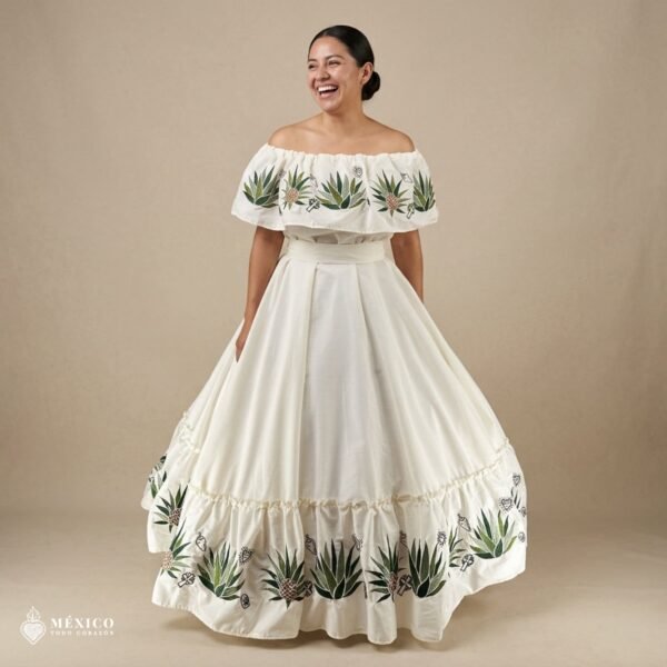 Off White Traditional Mexican Embroidered Agave Dress – Handmade Special Edition.
