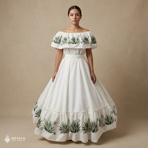 Off White Traditional Mexican Embroidered Agave Dress – Handmade Special Edition.