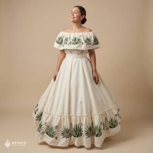 Off White Traditional Mexican Embroidered Agave Dress – Handmade Special Edition.
