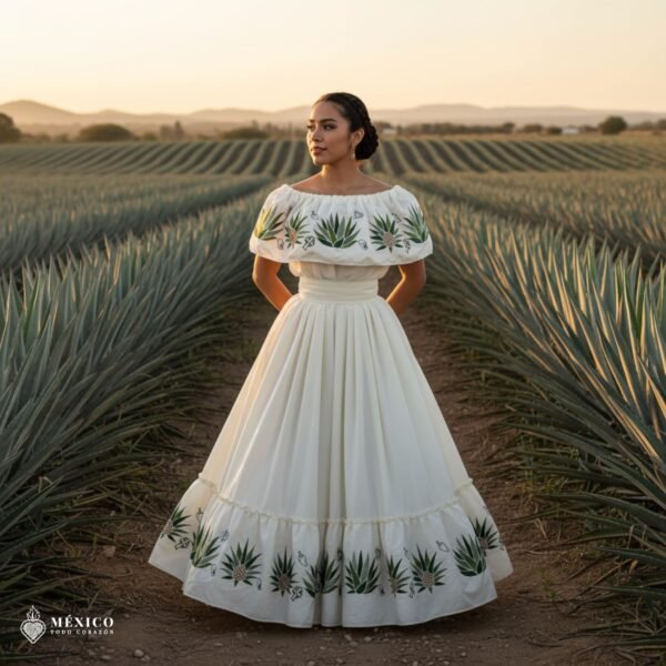 Off White Traditional Mexican Embroidered Agave Dress – Handmade Special Edition.