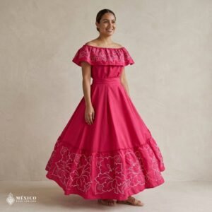 Pink Traditional Mexican Embroidered Alcatraz Dress – Handmade Special Edition.