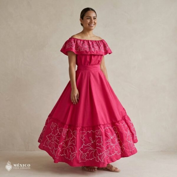 Pink Traditional Mexican Embroidered Alcatraz Dress – Handmade Special Edition.