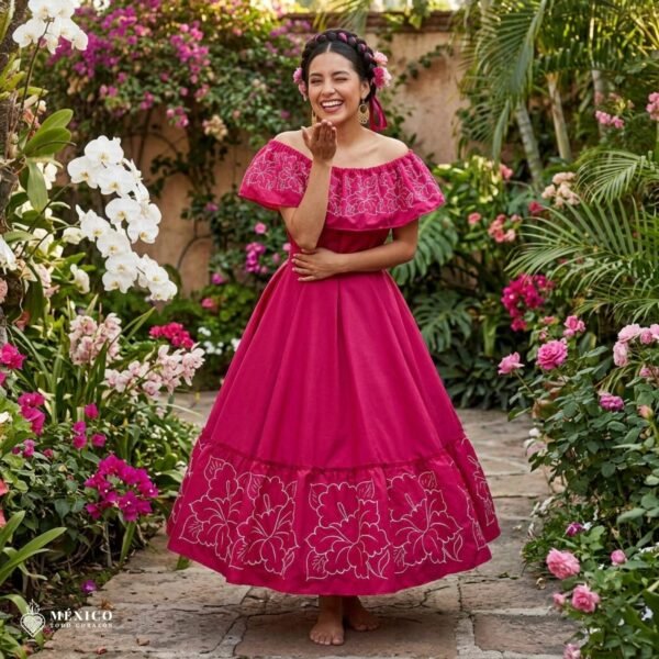Pink Traditional Mexican Embroidered Alcatraz Dress – Handmade Special Edition.