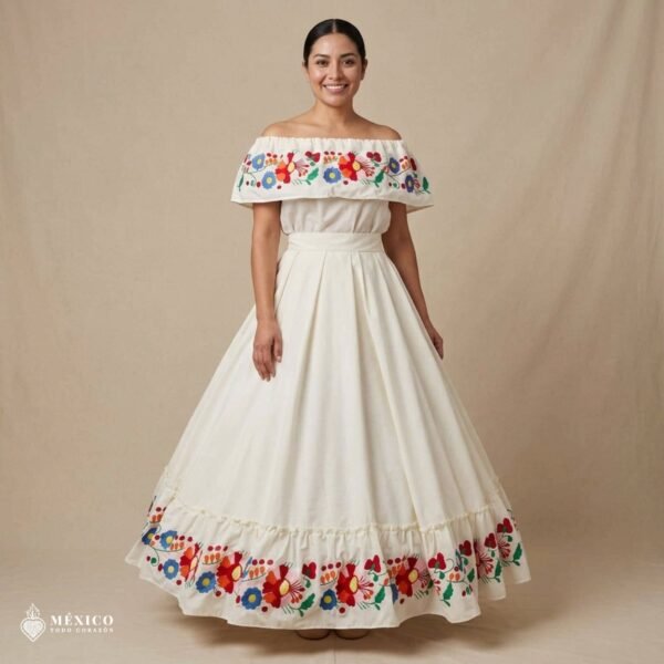 Off White Traditional Mexican Embroidered Floral Dress– Handmade Special Edition