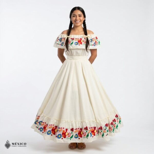 Off White Traditional Mexican Embroidered Floral Dress– Handmade Special Edition