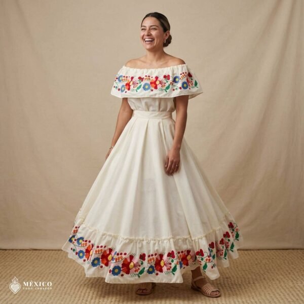 Off White Traditional Mexican Embroidered Floral Dress– Handmade Special Edition