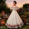 Off White Traditional Mexican Embroidered Floral Dress– Handmade Special Edition