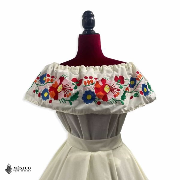 Off White Traditional Mexican Embroidered Floral Dress– Handmade Special Edition