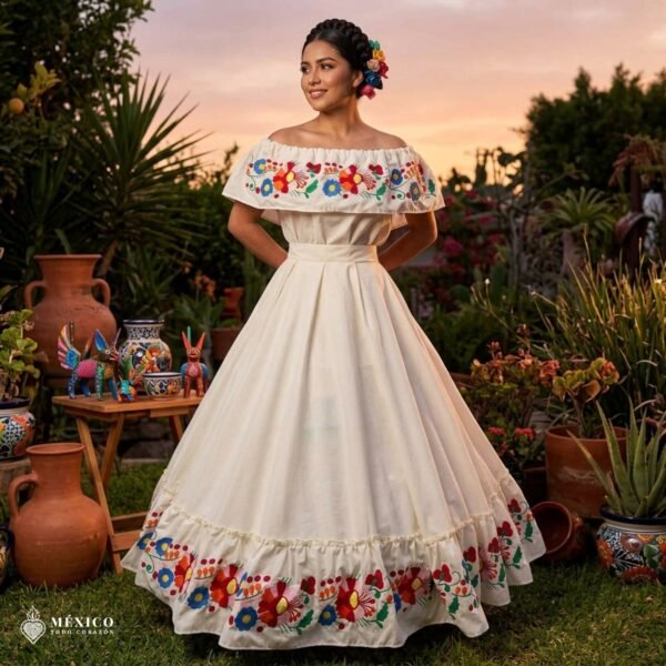 Off White Traditional Mexican Embroidered Floral Dress– Handmade Special Edition