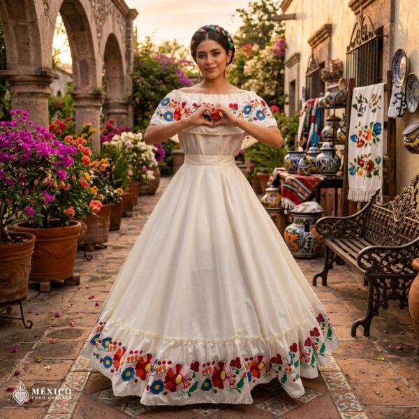 Off White Traditional Mexican Embroidered Floral Dress– Handmade Special Edition