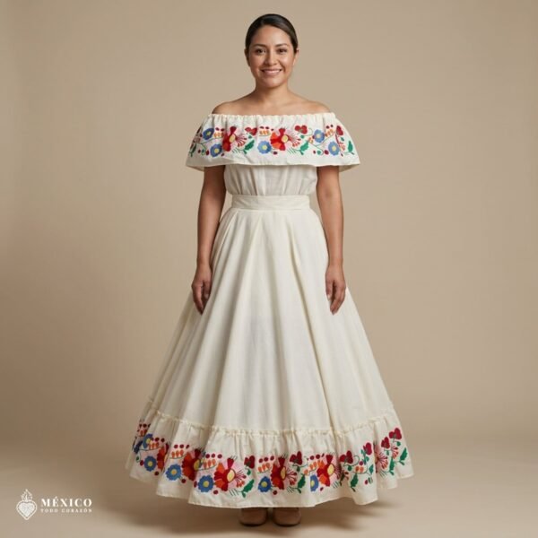 Off White Traditional Mexican Embroidered Floral Dress– Handmade Special Edition