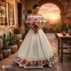 Off White Traditional Mexican Embroidered Floral Dress– Handmade Special Edition