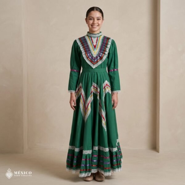 Green Traditional Jalisco One-Piece Dress for Girls & Teens (Size 14)