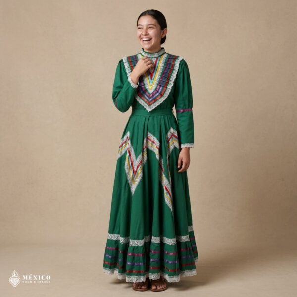 Green Traditional Jalisco One-Piece Dress for Girls & Teens (Size 14)