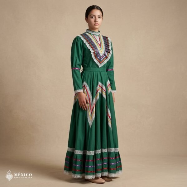 Green Traditional Jalisco One-Piece Dress for Girls & Teens (Size 14)