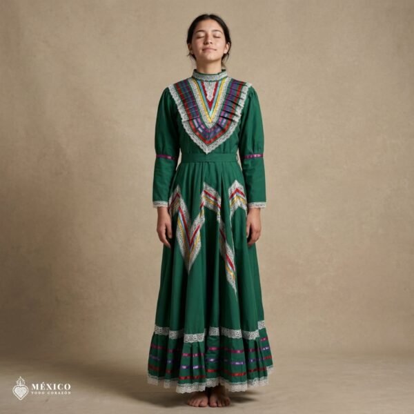 Green Traditional Jalisco One-Piece Dress for Girls & Teens (Size 14)
