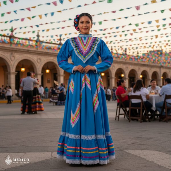 Light Blue Traditional Jalisco One-Piece Dress for Girls & Teens (Size 14)