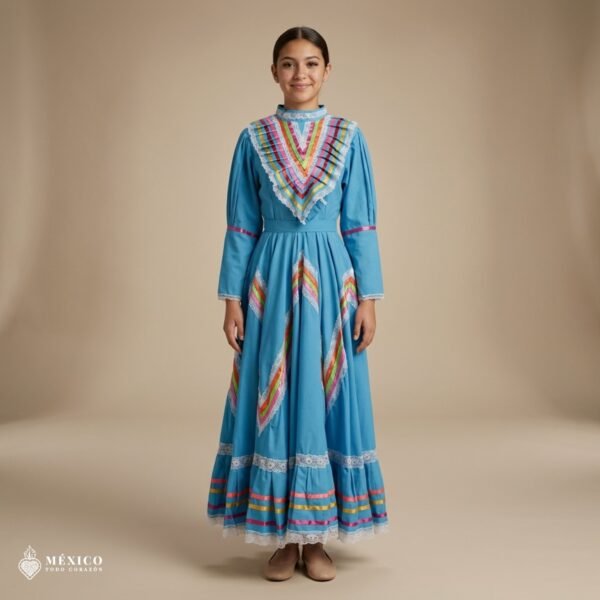 Light Blue Traditional Jalisco One-Piece Dress for Girls & Teens (Size 14)