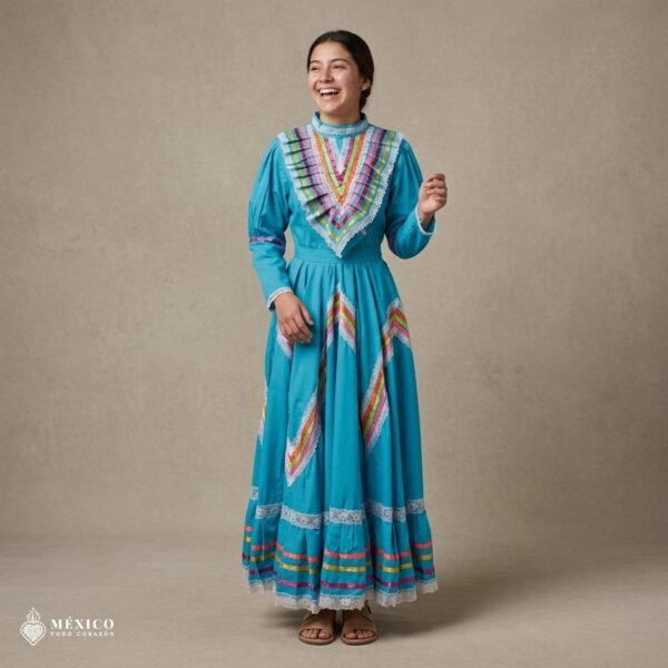 Light Blue Traditional Jalisco One-Piece Dress for Girls & Teens (Size 14)
