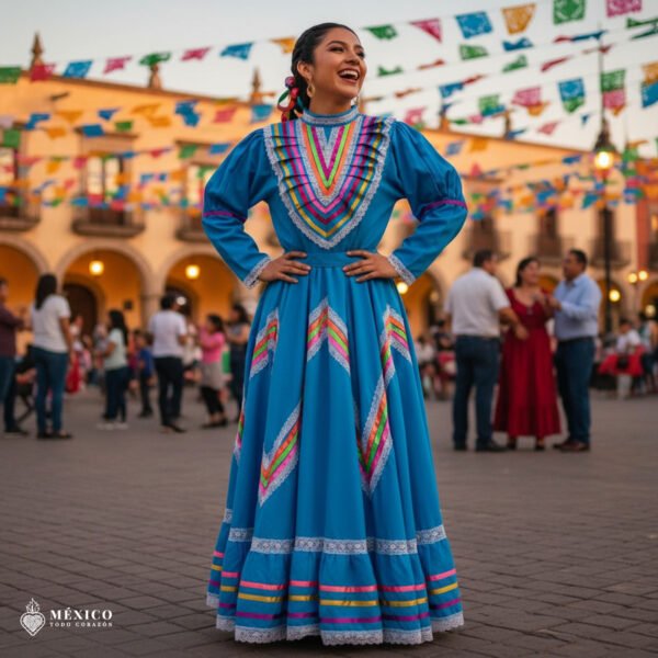 Light Blue Traditional Jalisco One-Piece Dress for Girls & Teens (Size 14)