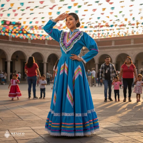 Light Blue Traditional Jalisco One-Piece Dress for Girls & Teens (Size 14)