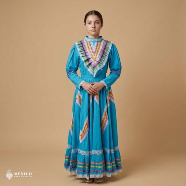 Light Blue Traditional Jalisco One-Piece Dress for Girls & Teens (Size 14)
