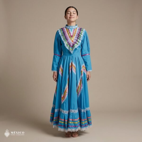 Light Blue Traditional Jalisco One-Piece Dress for Girls & Teens (Size 14)
